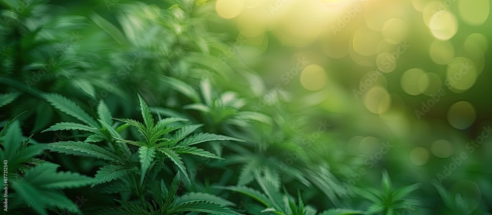 Poster Green cannabis plants growing in a field with a focused view ideal for a photograph with space for text perfect for a copy space image