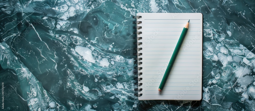 Poster Top view of an open notebook with a green pencil on a marble background dark table with school notepad and office desk in a flat lay copy space image