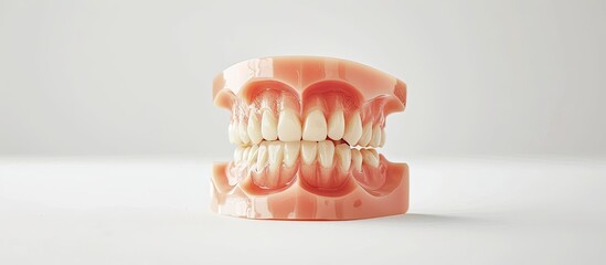 Close up of full denture dentures over white background with copy space image illustrating a concept of dental care