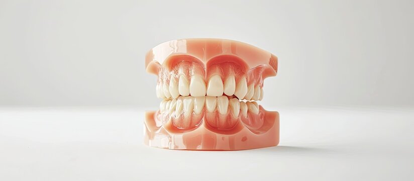 Close up of full denture dentures over white background with copy space image illustrating a concept of dental care