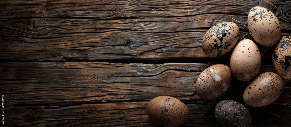 Fototapete Easter themed background with a rustic wooden texture featuring eggs and space for text or images. with copy space image. Place for adding text or design