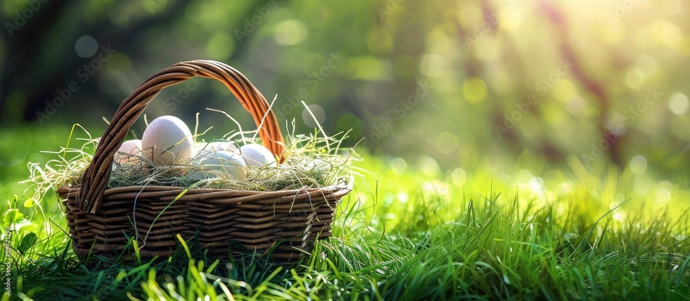 Aufkleber Wooden basket filled with eggs rests on lush green grass providing ample copy space for text in the image