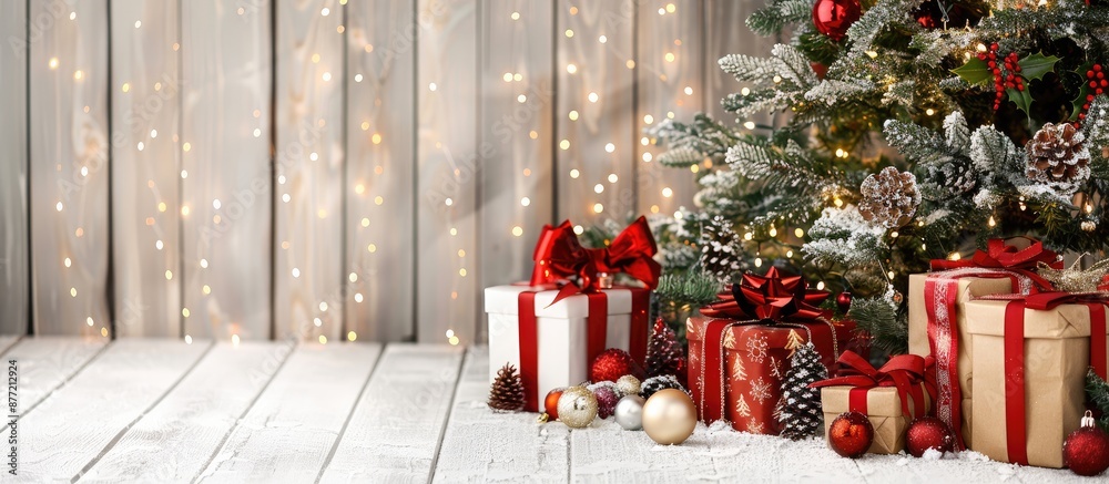 Poster new year gifts displayed in a festive christmas setting on a white wooden surface including a christ