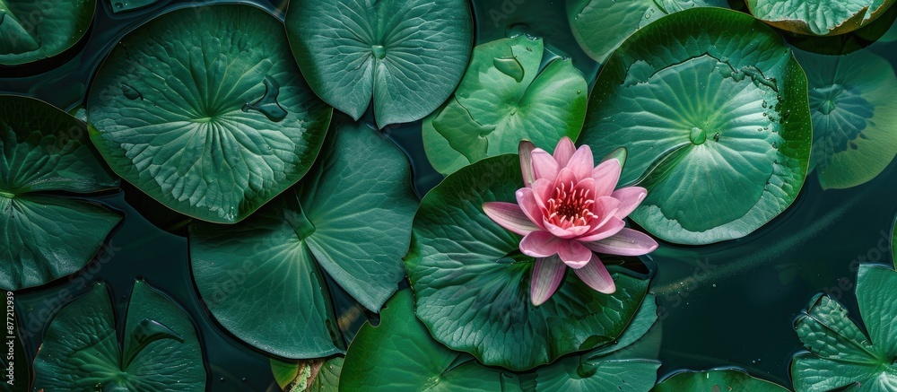 Aufkleber pink water lily flower bud in a pond with vibrant green leaves around symbolic in spa and asian cult