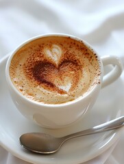 Obraz premium A white coffee cup with a heart design on it sits on a white plate. A silver spoon is placed next to the cup. Concept of warmth and comfort, as the heart design