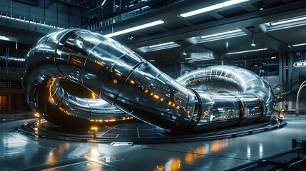 Fototapeta premium Coiled Potential Cinematic of Kinetic Energy in Futuristic Warehouse Setting