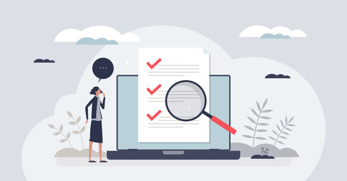 Survey with feedback or review document for customers tiny person concept. Business quality report with check list vector illustration. Questionnaire with questions, answers and space for comments.