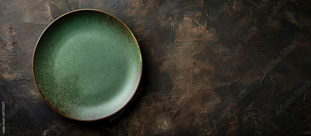 Fototapete top view of an empty classic green plate on a dark rough table surface with ample copy space for men