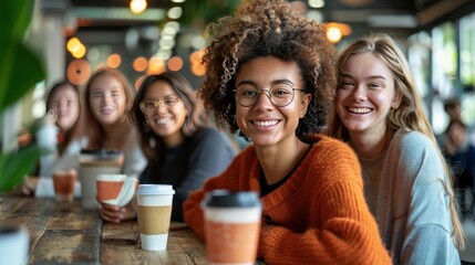 Group of Diverse Young Friends Smiling and Enjoying Coffee in a Cafe