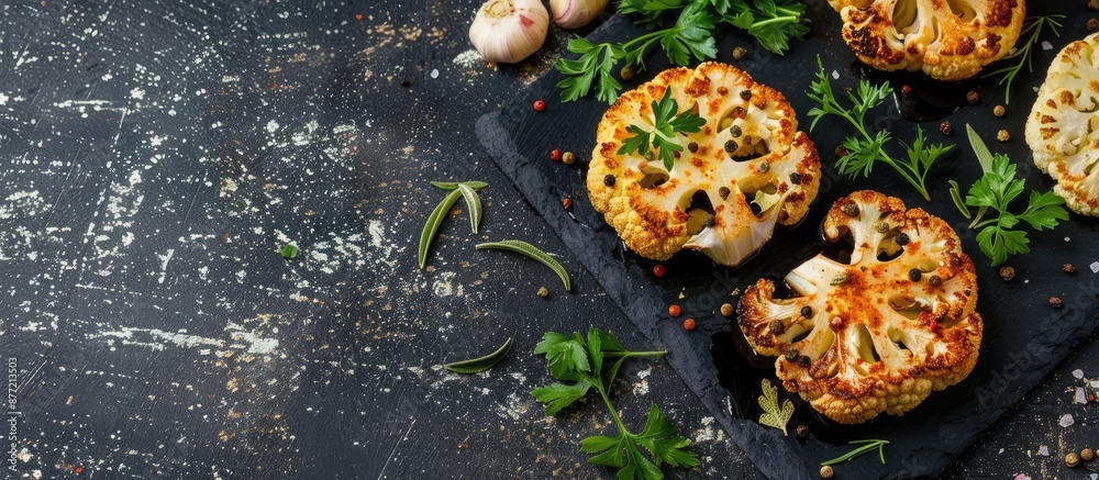 Poster Cauliflower steak seasoned with herbs and spices displayed on a dark stone surface with copy space for text or design captured from a top down angle