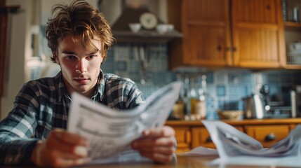 Fototapeta premium Focused Young Man Reading Papers in a Kitchen