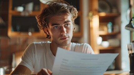 Young Man Carefully Studying Documents at Home
