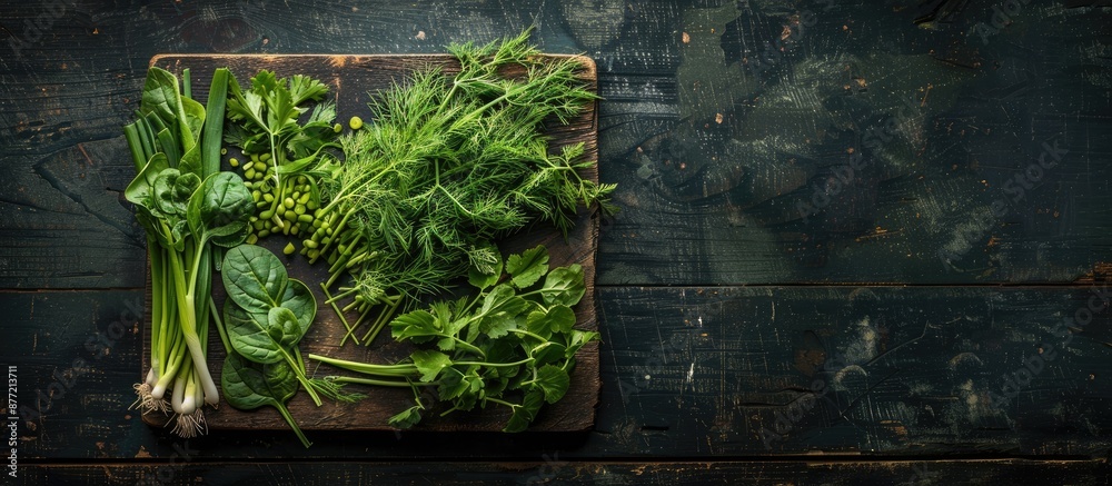 Aufkleber copy space image of various fresh greens like spinach dill parsley sorrel and green onions on a rust