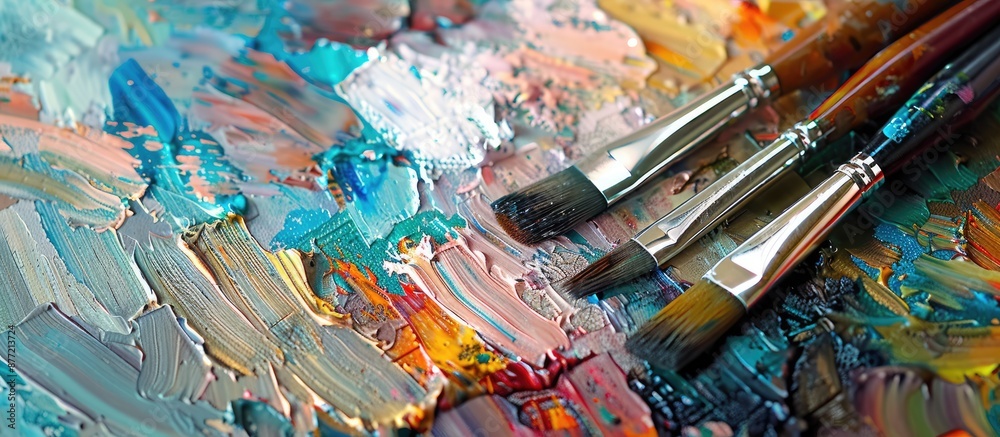 Poster Close up view of various paint brushes on canvas with copy space image available
