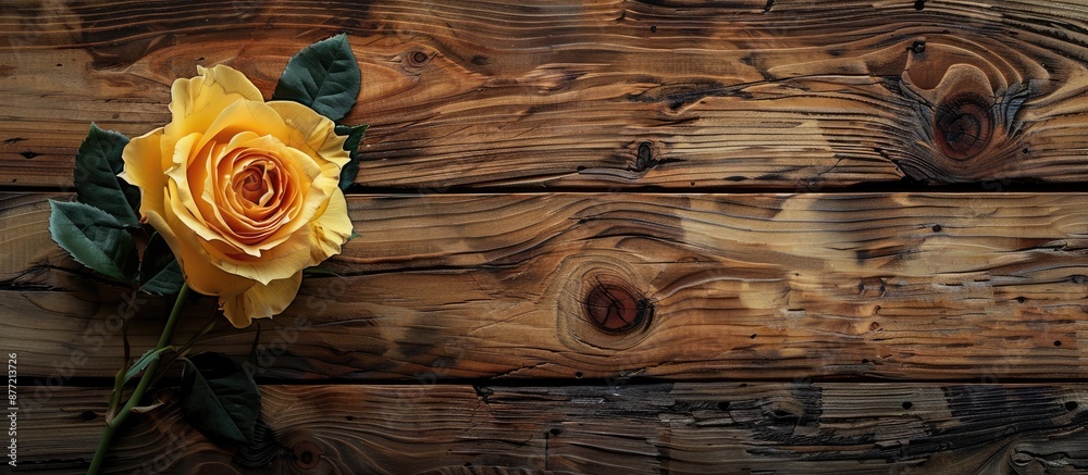 Leinwandbilder A luxurious yellow rose with delicate petals on a rustic wooden background viewed from the top creating ample space for additional images