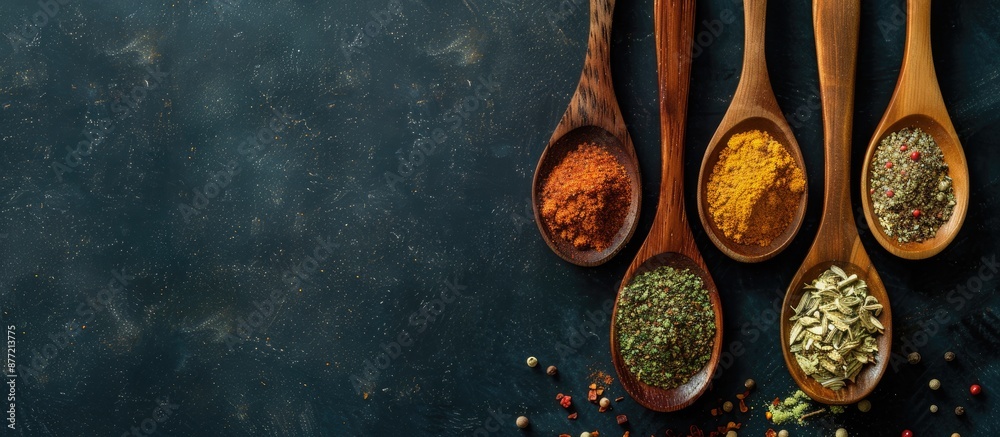 Poster wooden spoons holding an assortment of spices like chili powder oregano curry brown salt and turmeri