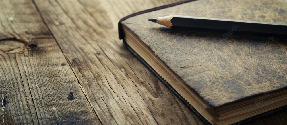 Poster vintage toned background with a wooden surface showcasing a notebook and a black pencil offering amp
