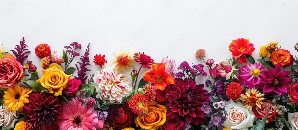 Poster Top view of a colorful floral arrangement on a white backdrop with space for text Ideal for occasions like birthdays Mother s Day Valentine s weddings or celebrating women. with copy space image