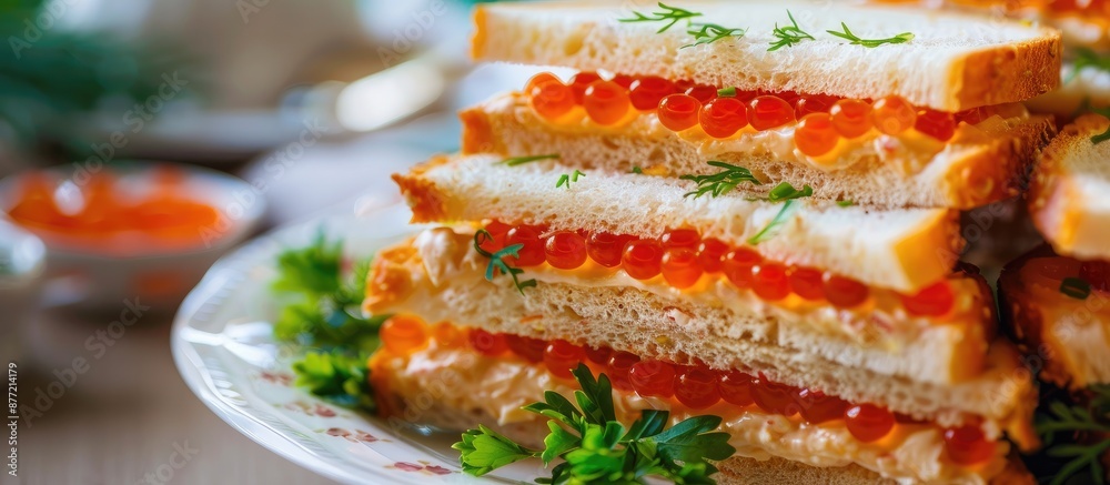 Poster close up panoramic shot of sandwiches with red caviar on a white plate with copy space image