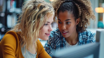 Two Young Women Focused on a Computer Screen