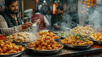 Obraz premium An Indian street food vendor preparing and serving delicious snacks like samosas and chaat to a crowd of eager customers, highlighting the rich culinary culture,