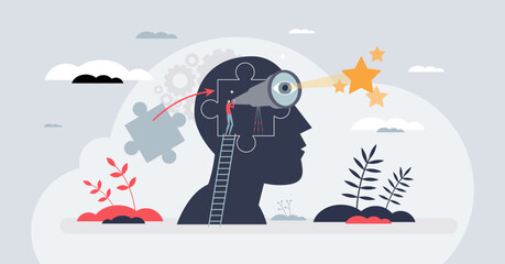 Vision and intuition for future strategy planning tiny person concept. Ability to predict future and make smart choices with visionary skills vector illustration. Looking for success and achievement. © VectorMine