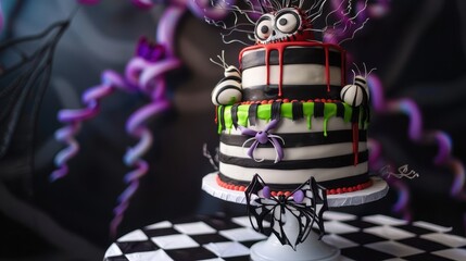 Halloween-themed cake with a checkered tablecloth, decorated with spiders, webs, and a large spider on top