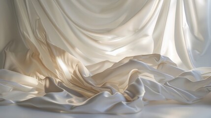 Obraz premium Close-up of a crumpled piece of fabric, likely a curtain or a drape, with a smooth texture and a gradient of light to dark shades of cream or off-white