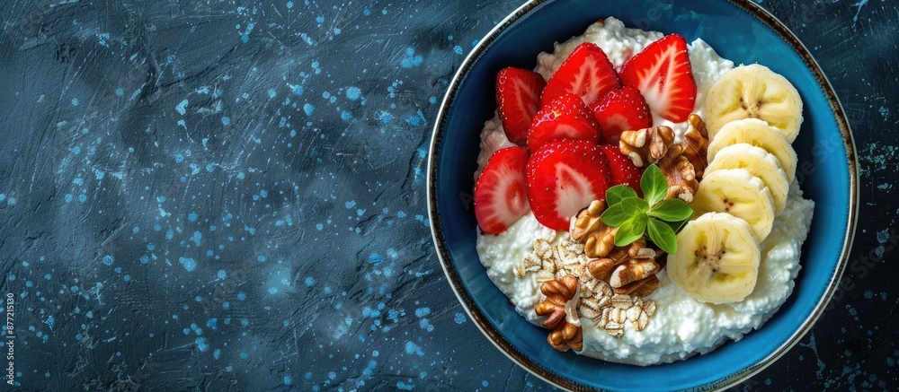 Aufkleber healthy cottage cheese topped with strawberries bananas and walnuts in a blue bowl viewed from the t
