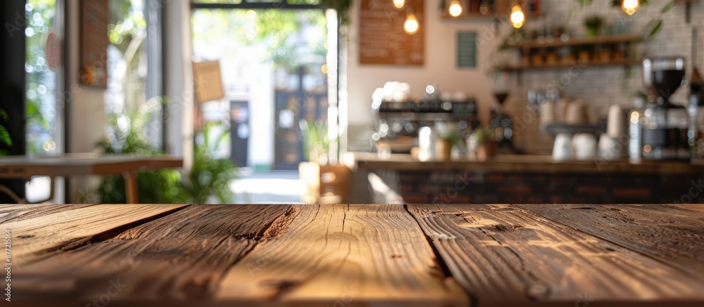 Fototapete an empty brown wooden table with selective focus for displaying products featuring a blurred coffee 