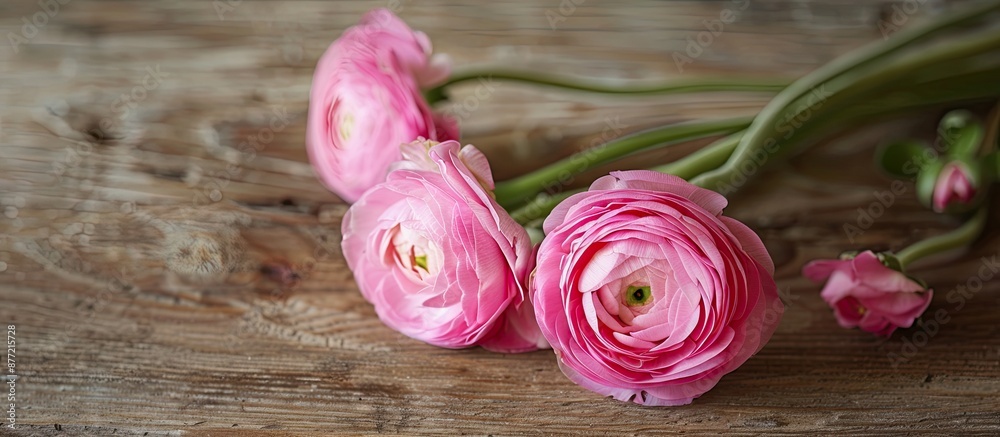Aufkleber curly pink persian buttercup ranunculus displayed on a wooden table with copy space image available