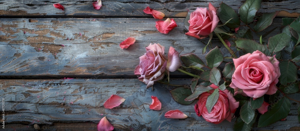 Poster an antique valentine card concept featuring pink roses on a weathered wooden surface with room for t