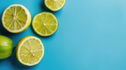Simple flat lay featuring lime and lemon on blue retro background with space for text