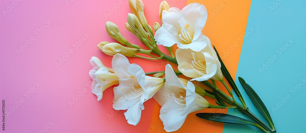 Leinwandbilder Top view of white freesia flower with copy space image on colorful background