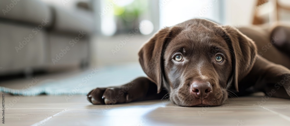 Poster a young chocolate labrador retriever pup rests on the floor in a home setting leaving room for a tex