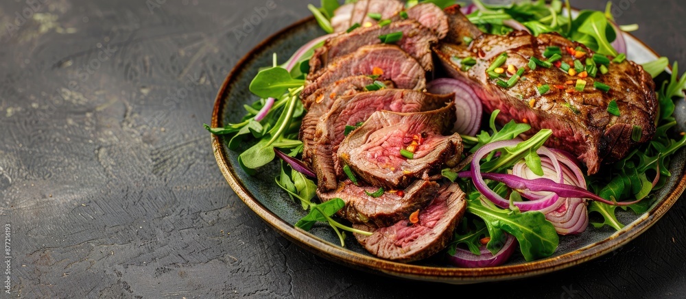 Aufkleber Sliced roast beef rib accompanied by a colorful salad of onions arugula and lettuce on a plate with copy space image