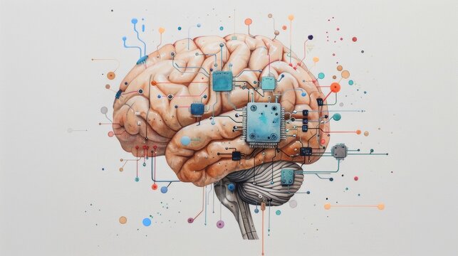 Technological Brain: Watercolor Illustration of AI Integrated with Circuit Boards
