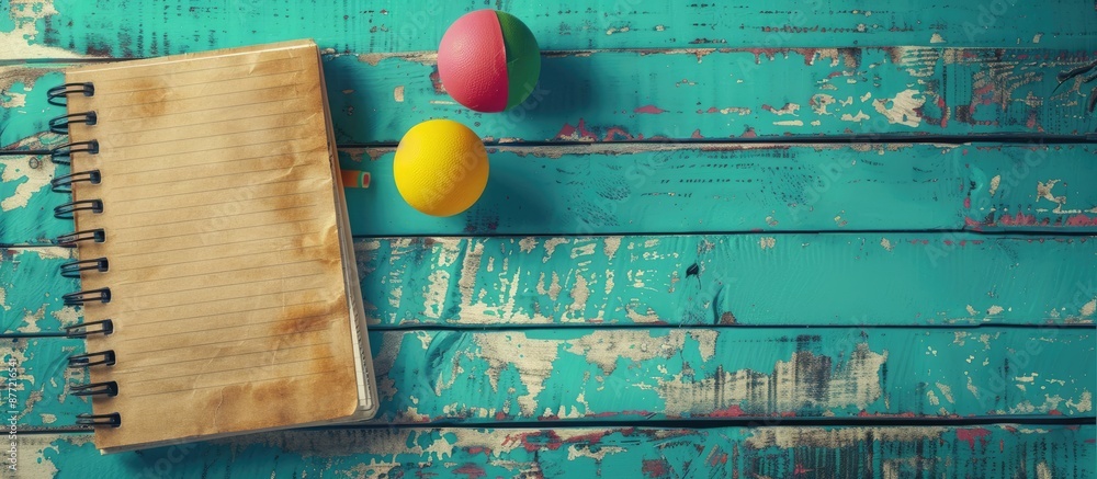 Poster Vintage themed back to school background featuring a notebook colorful ball with ample copy space image