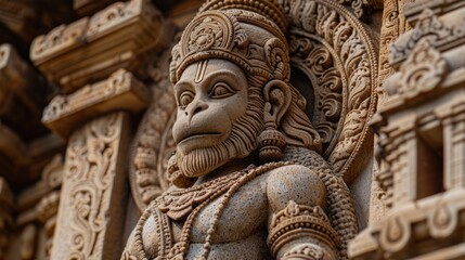Fototapeta premium A detailed carving of Lord Hanuman, the monkey god, showcasing his strength and devotion with a background of ancient temples