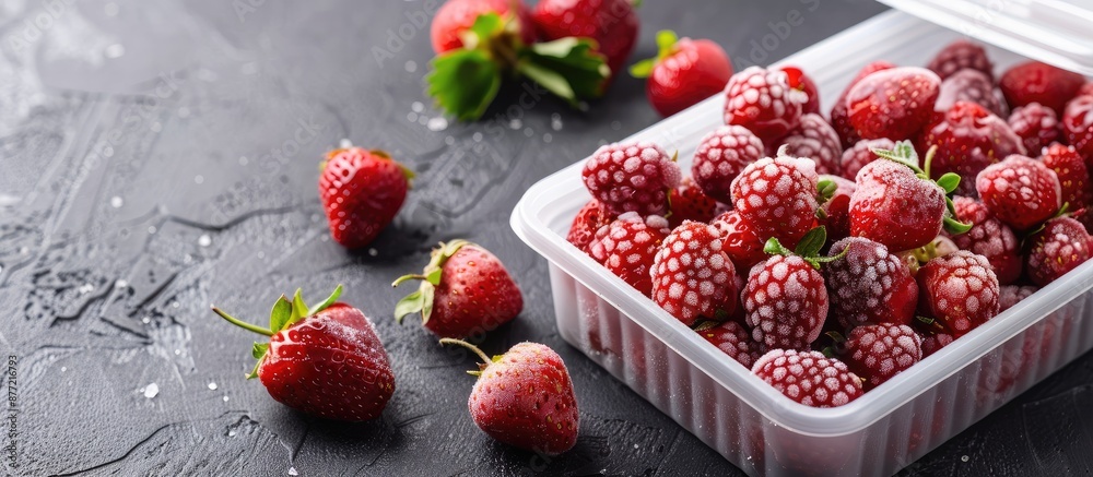 Poster A square container filled with frozen strawberries with space available for additional content in the image