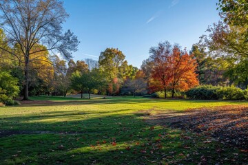 Naklejka premium Serene park landscape with colorful autumn trees, lush green grass, and a bright blue sky on a sunny day.