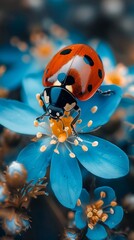 Macro photography of ladybug on a flower. Nice effect. Mobile wallpaper.