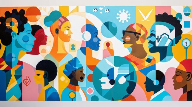 Vibrant Community Mural: Living with BPH - Diverse Individuals Engaged in Supportive Activities, Medical Consultations & Adaptive Exercises