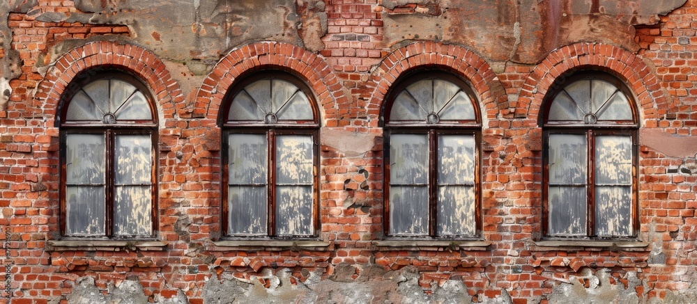Aufkleber old house wall with arched windows made of red bricks showing texture in a copy space image