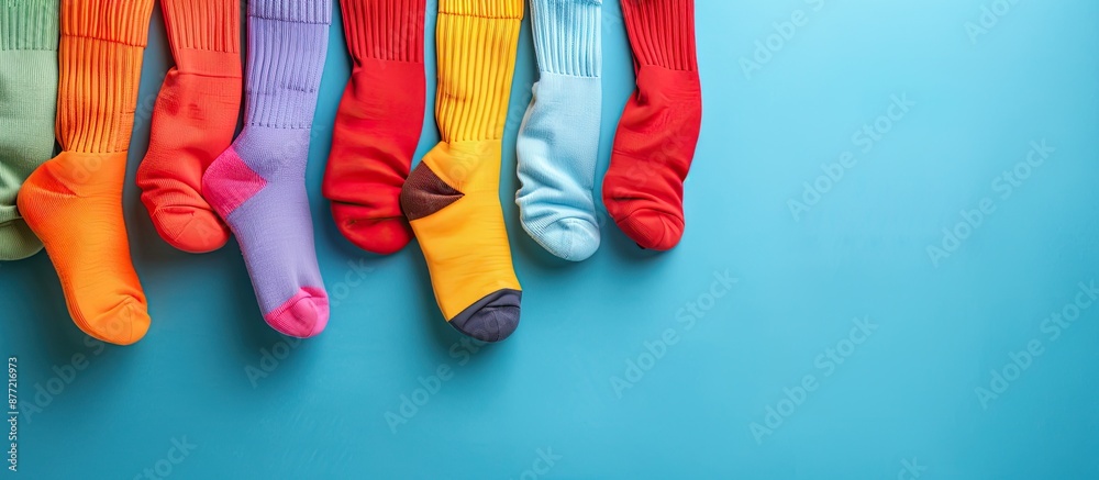 Poster variety of cotton socks on colorful background with copy space image