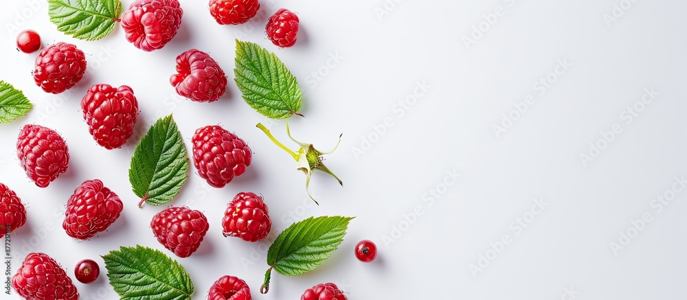 Poster organic raspberries with leaves isolated on a white background perfect for a copy space image health