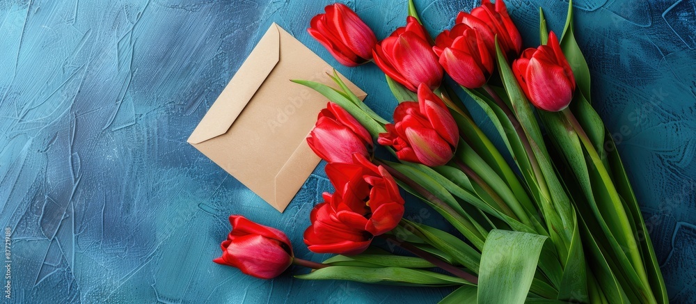 Poster mother s day greeting gift design featuring red tulip bouquet and card on a vibrant blue table setti