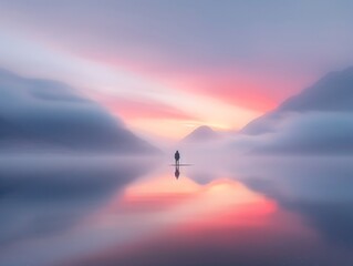 Obraz premium Solitary Figure Standing in Tranquil Misty Lake at Sunrise