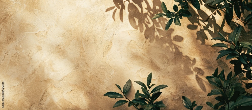 Poster diagonal shadows of tree leaves create an abstract nature themed background on a beige wall texture 