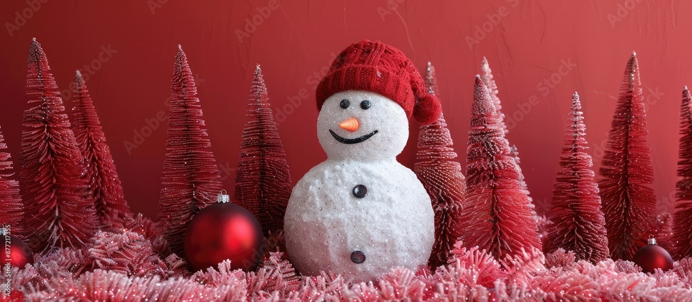 Aufkleber christmas indoor decoration featuring a sizable snowman set against glittering fake red pine trees w